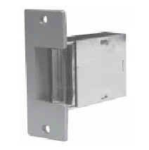 This mortise door opener is a dependable long service device, providing the security and convenience of remote control door-lock operation.  The units flush mount in place of the regular door strike plate and will witshand 35 lb (15.88 kg) nosing pressure.  Door remains locked until the opener is electrically acuated.  Fits left and right hand doors.  Painted brass faceplate and nosing.