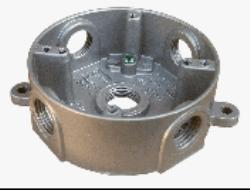 TEDDICO, Outlet Box, Round, Weatherproof, Number Of Outlet: 5 Threaded, Material: Die Cast Metal, Size: 4-9/16 X 4-5/8 X 2 IN, Color: Grey, Construction: Rugged, Seamless, Cubic Capacity: 6.500 IN, Includes: Closure Plugs, Ground Screw And Mounting Lugs, Package Type: Show Pak, Outlet Size: 3/4 IN