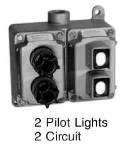 Pushbutton and Pilot Light Control Station, Type Feed Through, Constructional Feature Explosionproof, Dust-Ignitionproof, Voltage Rating 600 VAC, Current Rating 10 Ampere, Number of Circuits 2, Contact Configuration 2NO-2NC, Universal, Number of Pushbuttons 2, Number of Pilot Lights 2, Operator Type Front Operated Button, Pilot Light Type 120 VAC 6 W 6S6 Lamp, Legend Start/Stop, Box Type Double Gang, Hub Size 3/4 Inch, Enclosure Material Zinc Electroplated Chromate Epoxy Powder Coated Malleable Iron, Enclosure Class I Div 1 and 2 Group B C D, Class II Div 1 and 2 Group E F G, Class III, NEMA 3/7CD/9EFG, Approval UL 508/698/1203, Overall Size 6.19 Inch W x 5.75 Inch D x 6.13 Inch H, Cover Material Aluminum, Includes Internal Ground Screw, Application Hazardous Location