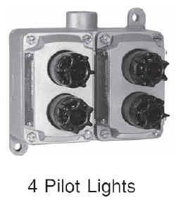 Pilot Light Control Station, Type Feed Through, Constructional Feature Explosionproof, Dust Ignitionproof, Voltage Rating 120 VAC, Lamp Type 120 VAC 6 W 6S6 Incandescent, Color Red Jewel, Number of Pilot Lights 4, Box Type Two Gang, Hub Size 1/2 Inch, Enclosure Material Zinc Electroplated Dichromate Epoxy Powder Coated Copper-Free Aluminum, Enclosure Class I Div 1 Group C D, Class I Div 2 Group B C D, Class II Div 1 and 2 Group E F G, Class III, NEMA 3/7BCD/9EFG, Approval UL 508/698/1203, Overall Size 7.41 Inch W x 3.06 Inch D x 6.81 Inch H, Includes Internal Ground Screw, Application Hazardous Location