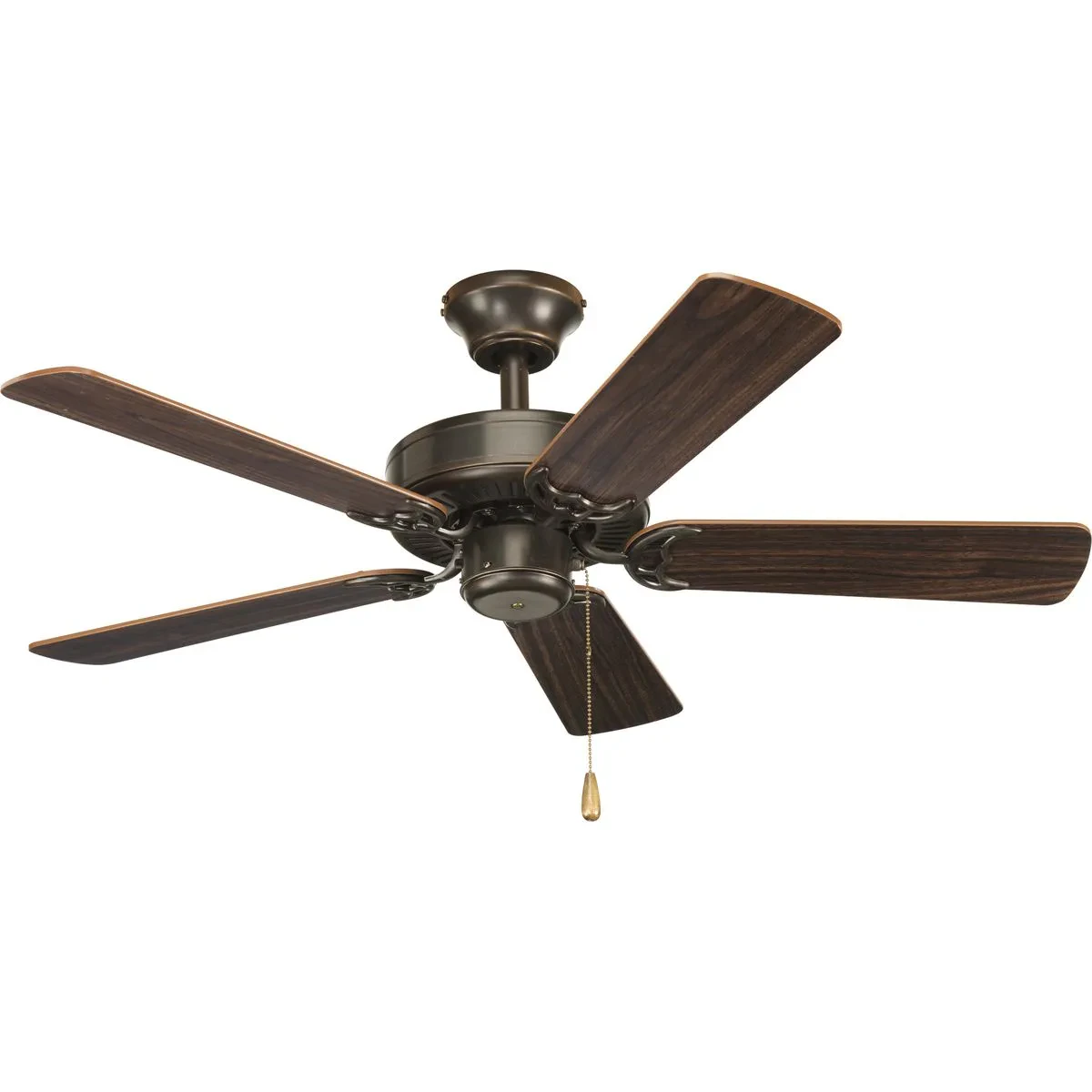 42 inch AirPro ceiling fan with 5 reversible Classic Walnut/Medium Cherry blades, Antique Bronze finish, and 15 year limited warranty. Integral pull chain is Antique Brass with med...