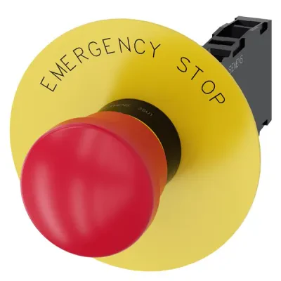Em. stop mushroom pushbutton. 22mm. round. plastic. red. 40mm. latching. positive latching. pull to unlatch. with yellow backing plate. inscription emergency stop. with holder. 1NO...