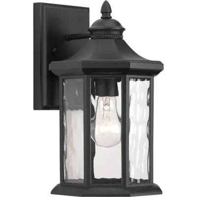 One-light medium wall lantern with a distinct octagonal shape for classic styling, highlighted by clear water glass elements.