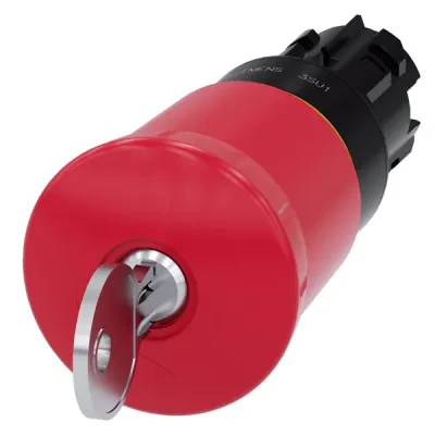 Em. stop mushroom pushbutton, 22mm, round, plastic, red, 40mm, with ces lock, lock no. ssg9, positive latching, key-operated release