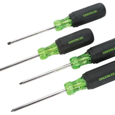 Driver Set Square Recessed Tipped Four (4) Piece.  Precision tip for accurate fastener fit.  Handle marked and color coded for easy identification of screwdriver size and type.  He...