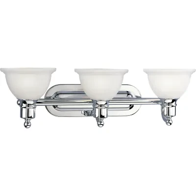 Polished Chrome Three-light wall bracket with white etched glass. Glass in a clean, simple domed shape provides even, diffused illumination. Fixture can be installed facing upwards...