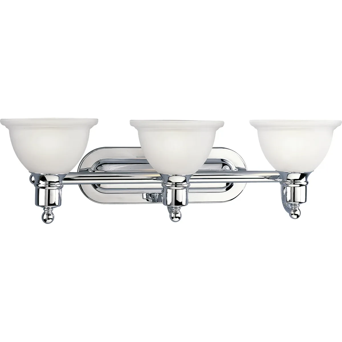 Polished Chrome Three-light wall bracket with white etched glass. Glass in a clean, simple domed shape provides even, diffused illumination. Fixture can be installed facing upwards...