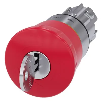 Em. stop mushroom pushbutton, 22mm, round, metal, shiny, red, 40mm, with ronis lock, lock no. 421, positive latching, key-operated release