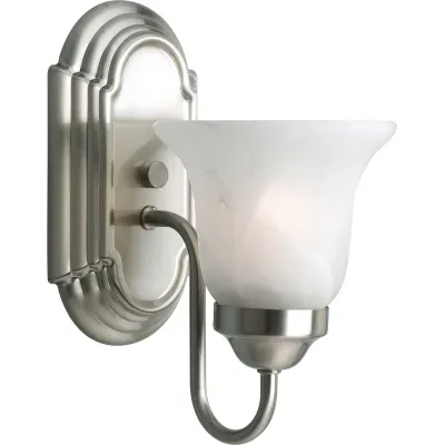 One-light bath bracket on an elongated racetrack-style backplate, this collection features a simple transitional design. Decorative wall lighting complements most traditional bathr...
