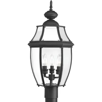 A Black finish complements clear beveled glass in the New Haven outdoor post lantern. Durable aluminum construction. Fits 3 in post (order separately). Post, hanging and wall optio...
