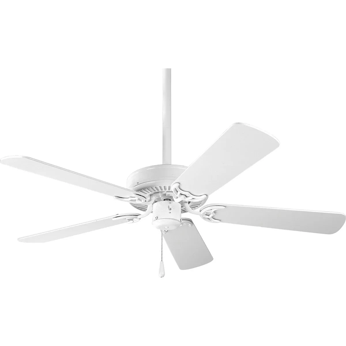42 inch AirPro ceiling fan with 5 reversible white or washed oak blades, White finish, and 15 year limited warranty. Integral pull chain is Chrome with white fob. Powerful AirPro m...