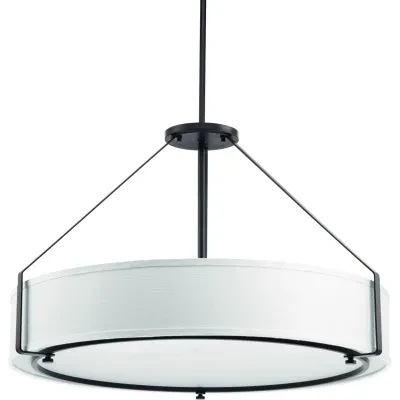 The six-light pendant offers a sleek metal frame that supports a low-slung shade to create Ratio’s casual modern style. The frame’s proportion to the white linen drum shade evokes...