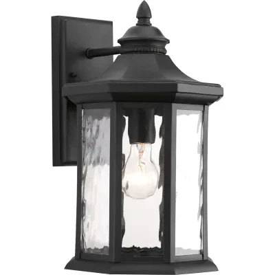 One-light wall lantern with a distinct octagonal shape for classic styling, highlighted by clear water glass elements.