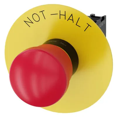 Not-halt mushroom pushbutton, 22mm, round, plastic, red, 40mm, latching, positive latching, pull to unlatch, with yellow backing plate, inscription not-halt, with holder, 1NC, scre...