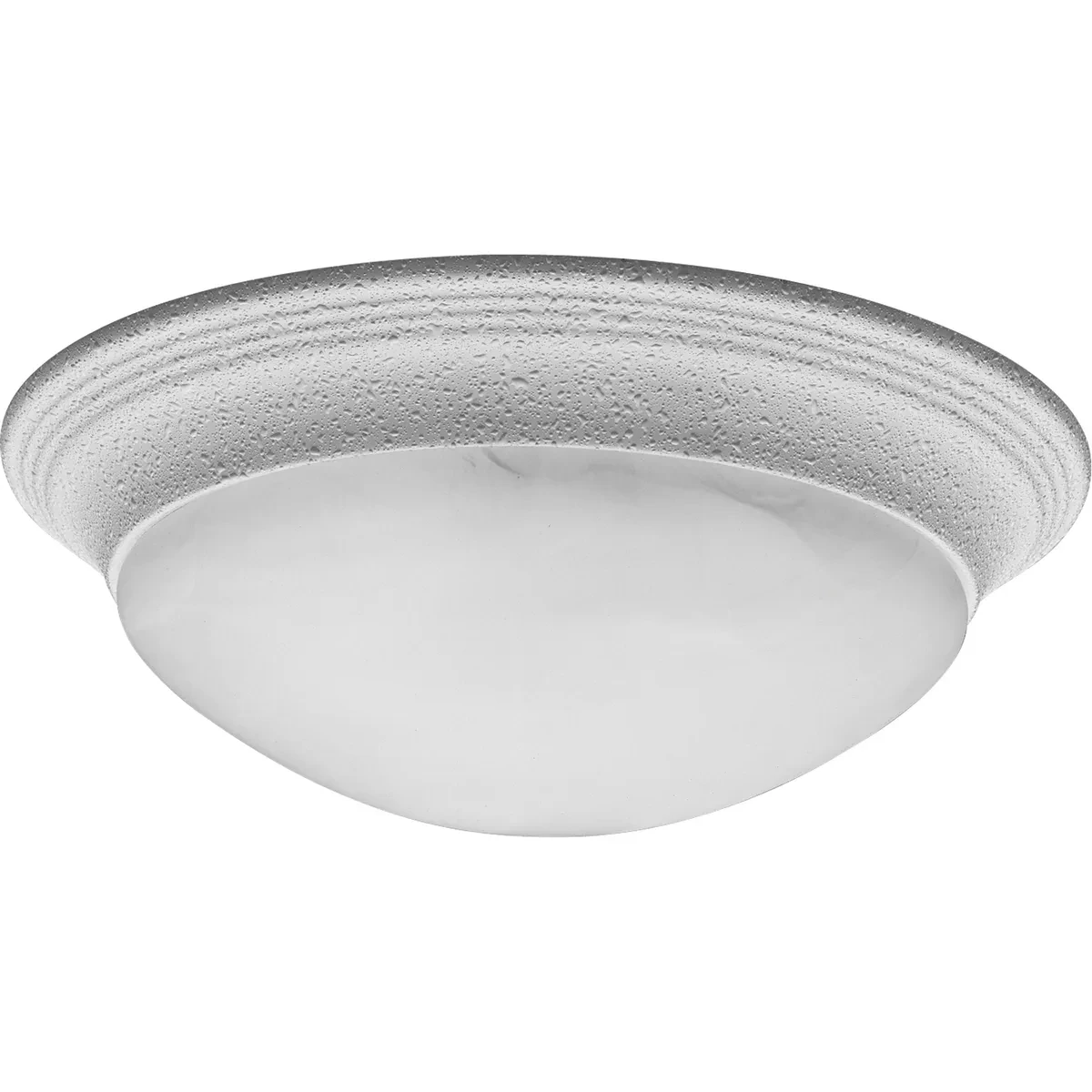 Two-light 14 inch close-to-ceiling fixture with etched alabaster style glass bowl and White finish. Twist on glass for easy relamping. This fixture is perfect for bedrooms, closets...