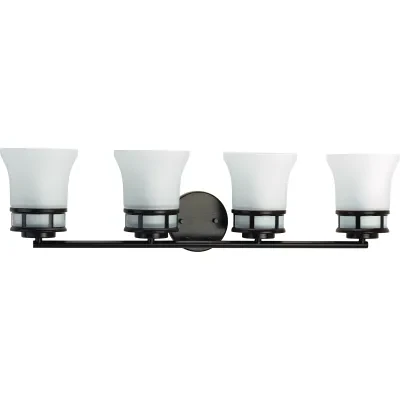 Four-light bath & vanity with smooth forms and windowpane style gallery that produce a beautiful, modern gas light effect. Overscaled tubing and etched glass shades offer substance...