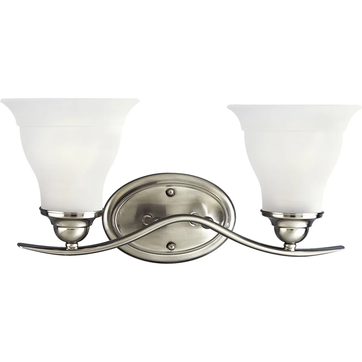 Two-light bath fixture featuring soft angles, curving lines and etched glass shades that mount up or down. Gracefully exotic, the Trinity Collection offers classic sophistication f...
