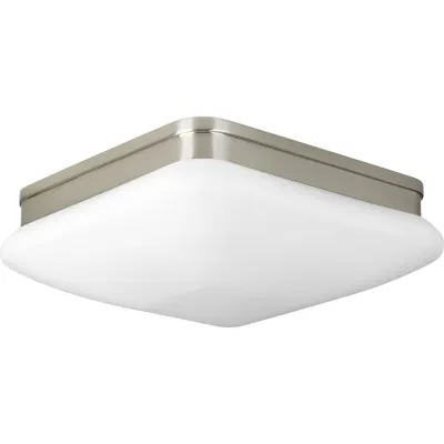 With an elevated style, the two-light 11 inch flush mount appeals to current home decor trends. Soft contemporary design includes square etched opal glass. Damp location listed. Br...