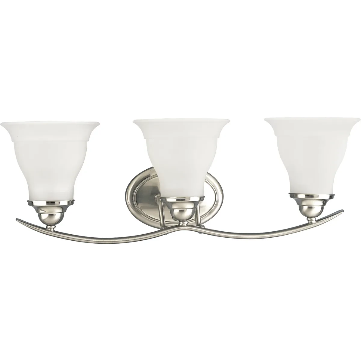 Three-light bath fixture featuring soft angles, curving lines and etched glass shades that mount up or down. Gracefully exotic, the Trinity Collection offers classic sophistication...