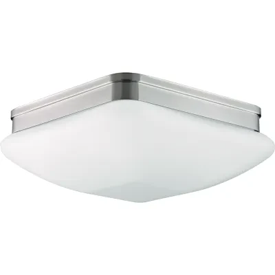 With an elevated style, the three-light 13 inch flush mount appeals to current home decor trends. Soft contemporary design includes square etched opal glass. Damp location listed....