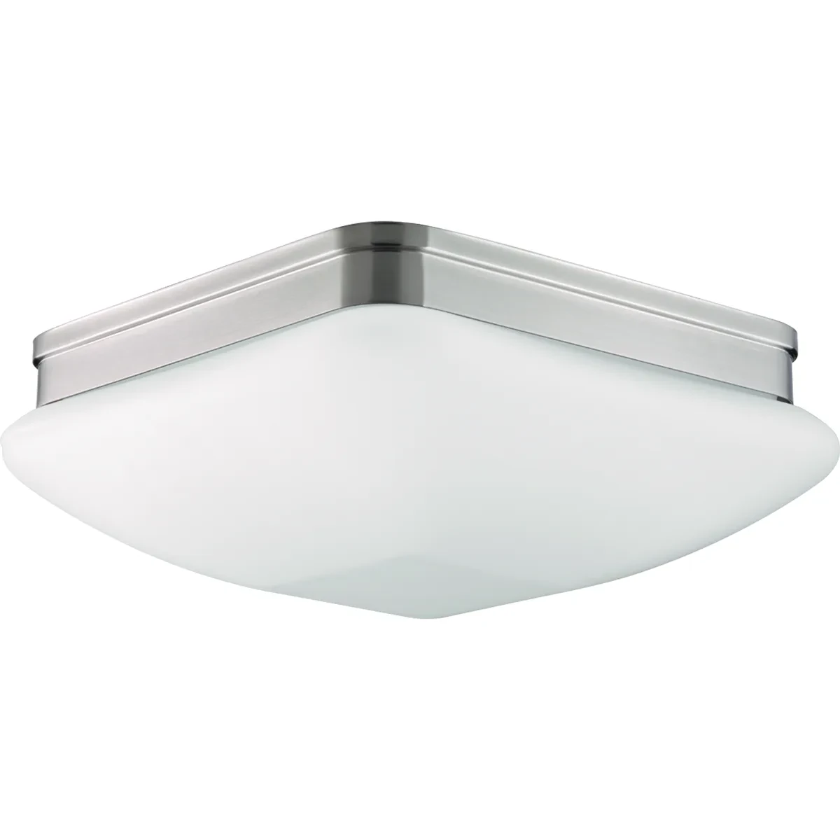 With an elevated style, the three-light 13 inch flush mount appeals to current home decor trends. Soft contemporary design includes square etched opal glass. Damp location listed....