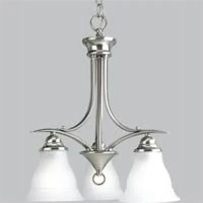 Three-light chandelier with etched glass featuring soft angles, curving lines and etched glass shades. Gracefully exotic, the Trinity Collection offers classic sophistication for t...