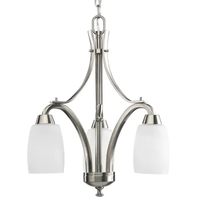Three-light chandelier is characterized by its unique tulip-shaped glass shades and bold, sculptural design. Arching rectangular arms flow through the fixture and consist of strap...