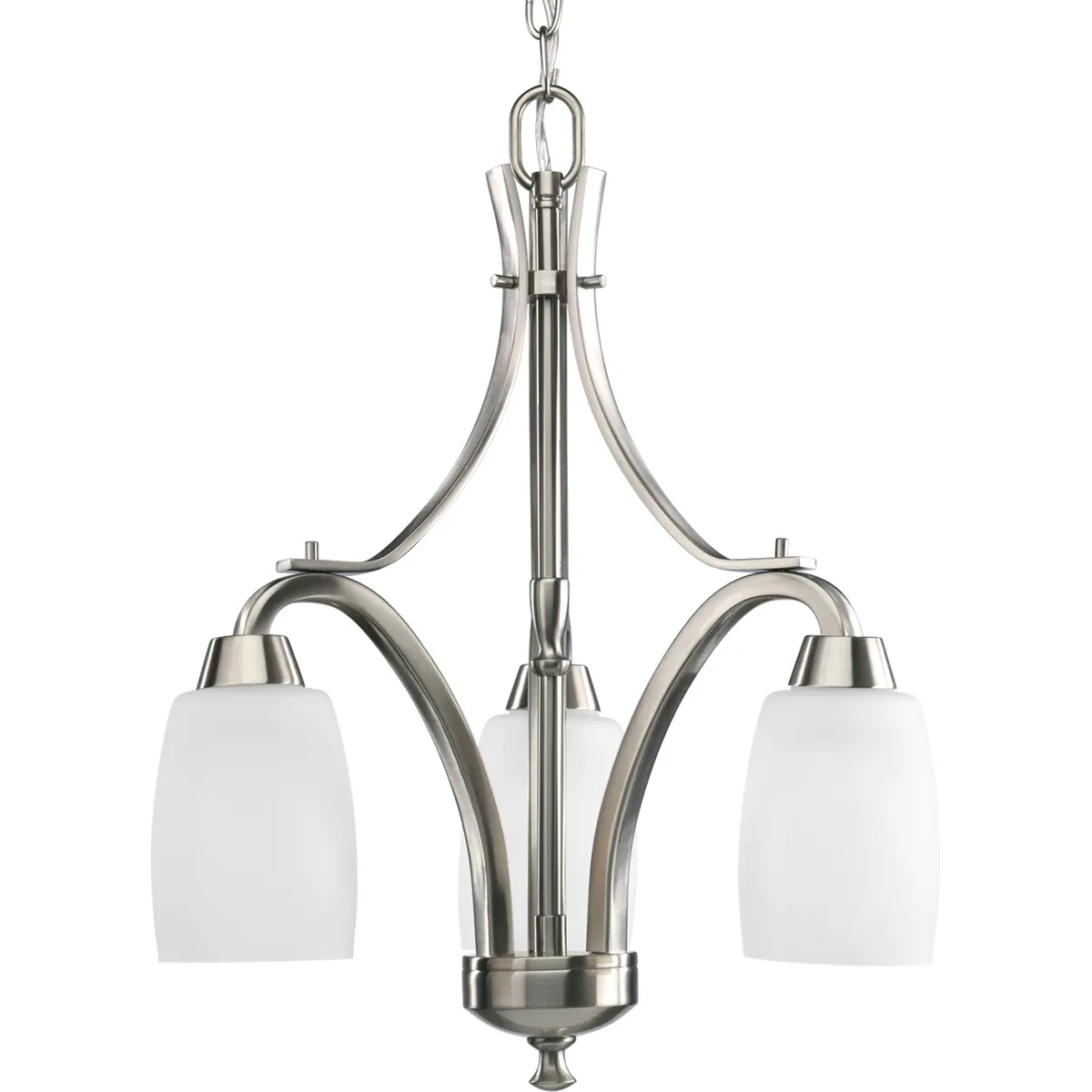 Three-light chandelier is characterized by its unique tulip-shaped glass shades and bold, sculptural design. Arching rectangular arms flow through the fixture and consist of strap...