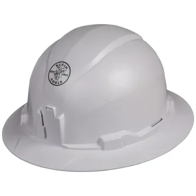 Hard Hat, Non-Vented, Full Brim Style, White, Safety hard hat has patent-pending accessory mounts on front and back ensure optional Klein Headlamps attach securely and precisely, e...