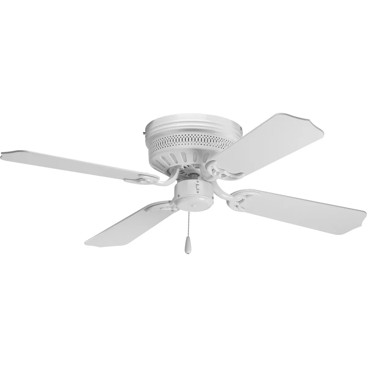 42 in indoor hugger fan with 4 White blades, White finish, and 11 degree pitch. Hugger style housing permits fan installation on lower ceilings. Powerful AirPro motor features 3-sp...