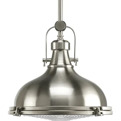 Add focused task lighting packed with industrial flair with the Fresnel Lens Collection Brushed Nickel One-Light Industrial Hanging Pendant Light. A Fresnel glass lens composed of...