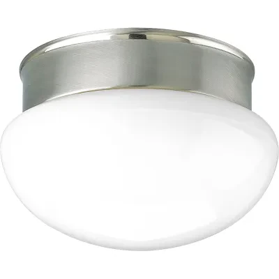 A traditional two-light close-to-ceiling fixture featuring a White glass bowl and a Brushed Nickel finish. The fixture is ideal in a bathroom setting or hall/foyer.