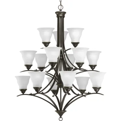 Fifteen-light three-tier chandelier featuring soft angles, curving lines and etched glass shades. Gracefully exotic, the Trinity Collection offers classic sophistication for transi...
