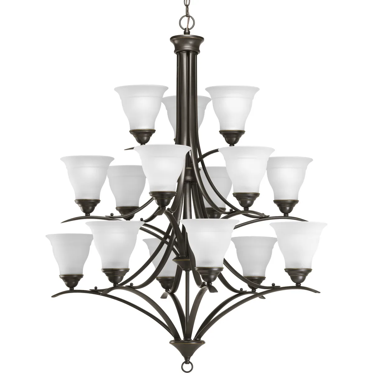 Fifteen-light three-tier chandelier featuring soft angles, curving lines and etched glass shades. Gracefully exotic, the Trinity Collection offers classic sophistication for transi...