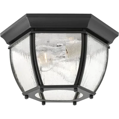 Solid two-light flush mount in rich weathered finish is complemented by seeded glass panels - a great choice for low maintenance and years of enjoyment. Black finish.