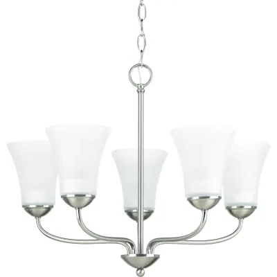 Traditional details and graceful lines provide modern elegance to any interior. The Classic five-light chandelier features etched glass shades with a Brushed Nickel finish.