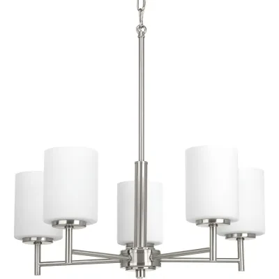 Five-light chandelier from the Replay Collection features a linear form that provides a pleasingly elegant accent to your home. A sleek, metallic finish is complemented by white gl...