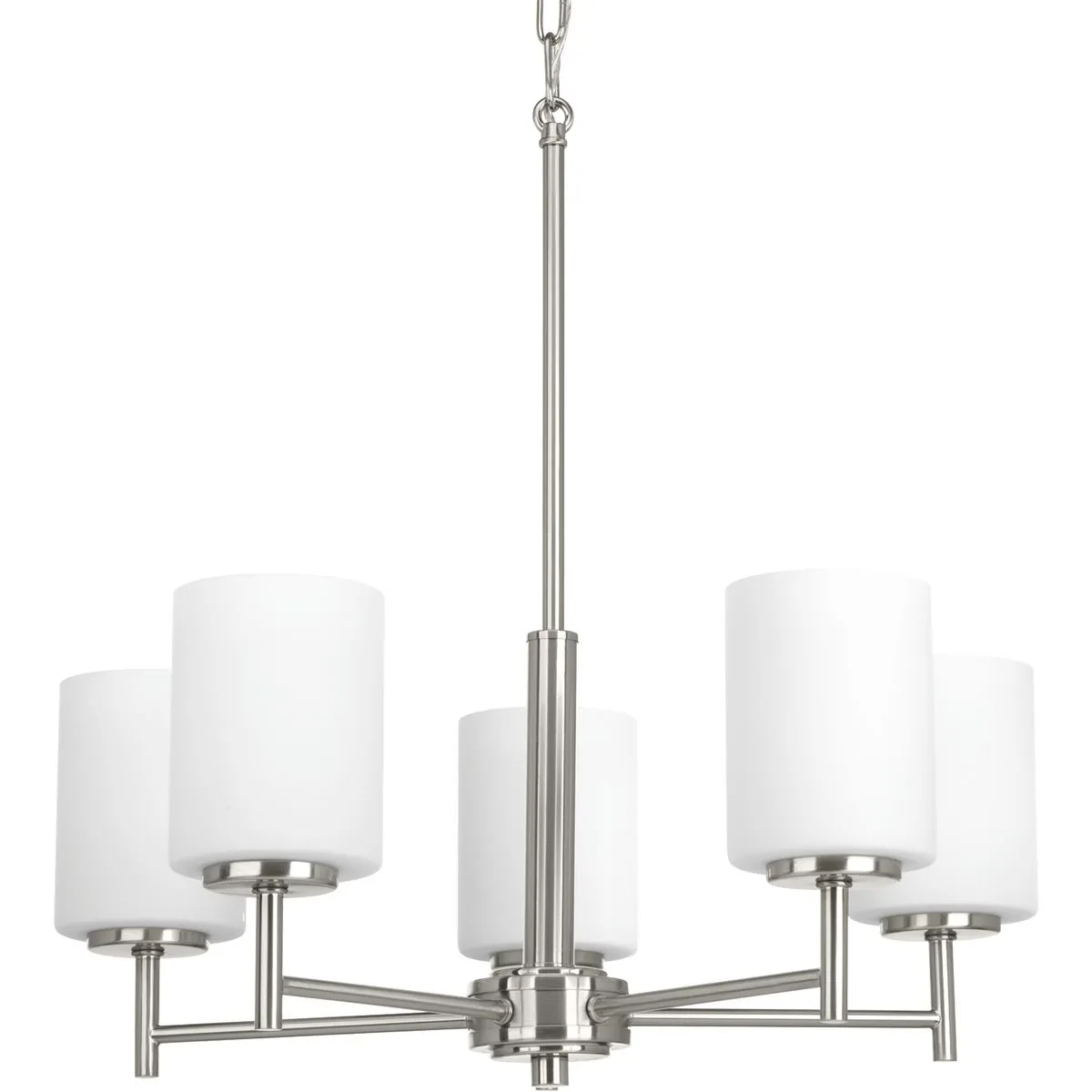 Five-light chandelier from the Replay Collection features a linear form that provides a pleasingly elegant accent to your home. A sleek, metallic finish is complemented by white gl...