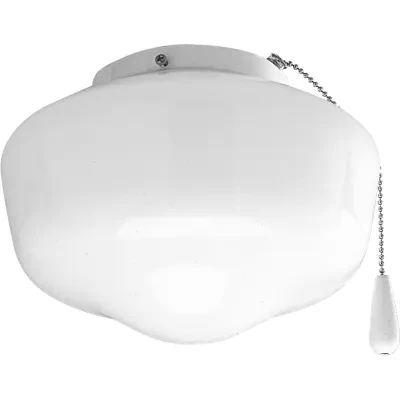 One-light Schoolhouse style ceiling fan light kit with white opal glass in a White finish. Listed for wet locations makes this ideal for any indoor/outdoor locations. Universal mou...