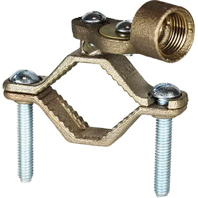 Ground Clamp with Hub, 10 SOL to 6 STR conductor size, Bronze material, 1-1/4 to 2 in. pipe size, 1/2 in. hub size