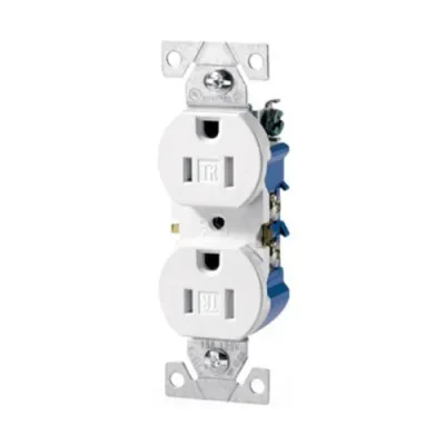 Eaton residential grade duplex receptacle, #14-10 AWG, 15A, Flush, 125V, Side and push, White, Brass, Impact-resistant thermoplastic face, PVC body, 5-15R, Two-pole, Three-wire, Du...