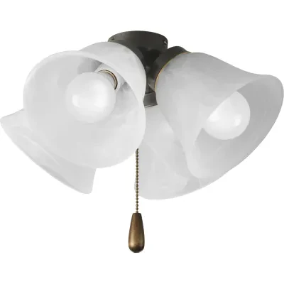 Four-light universal fan light kit features alabaster style glass shades beautiful in design. Antique Bronze finish corresponds with an Antique Bass pull-chain and medium oak fob....