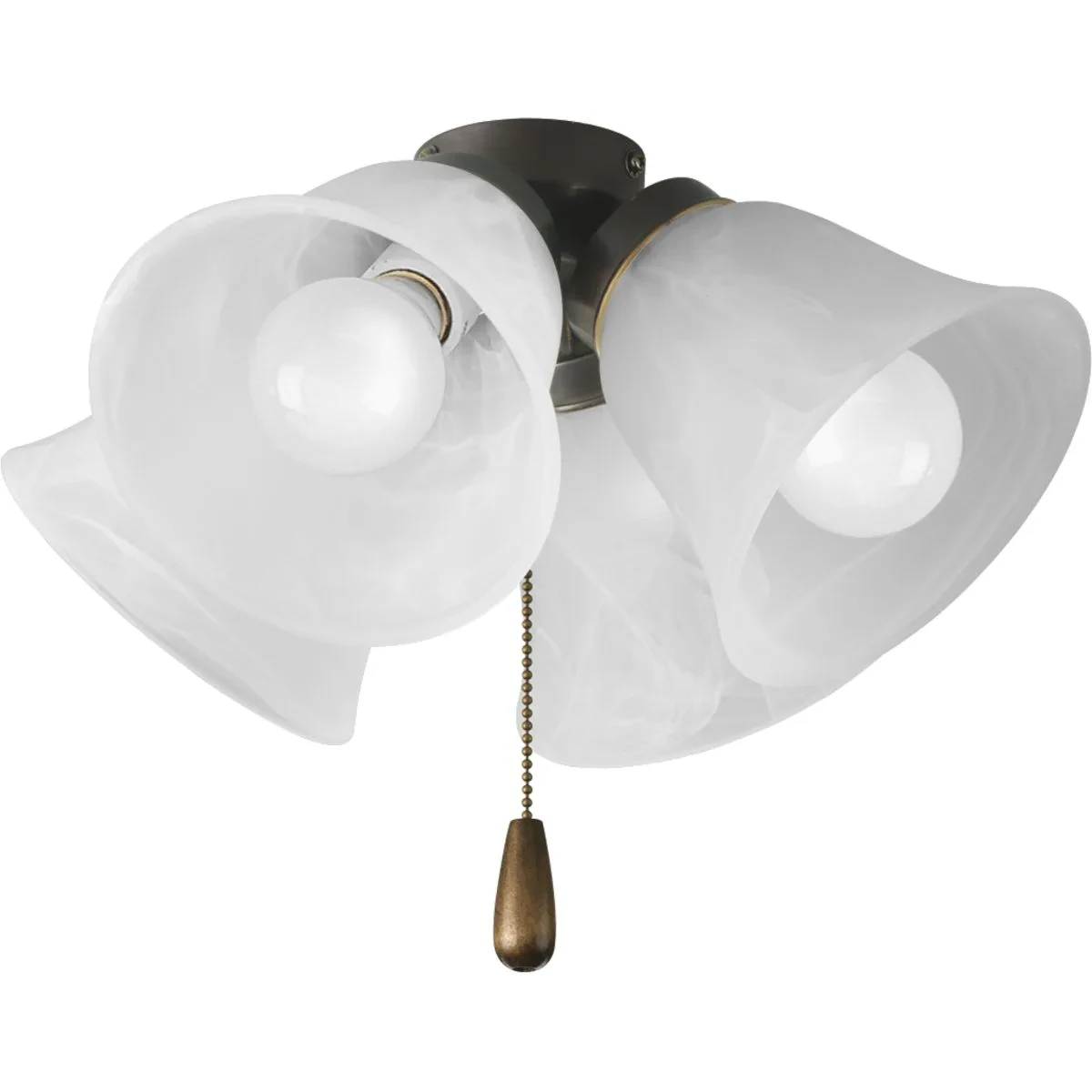 Four-light universal fan light kit features alabaster style glass shades beautiful in design. Antique Bronze finish corresponds with an Antique Bass pull-chain and medium oak fob....