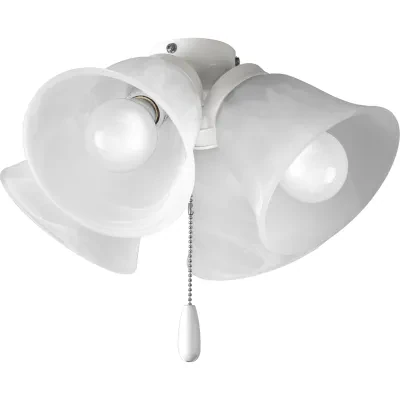 Four-light universal fan light kit features alabaster style glass shades beautiful in design. White finish corresponds with a Chrome pull-chain and white fob. Universal style for u...