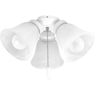 Three-light kit with white washed alabaster style glass shades beautiful in design. White finish corresponds with a chrome pull-chain and white fob. Innovative spring clip glass at...
