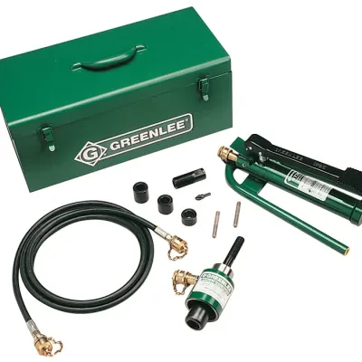 11 ton hydraulic knockout driver with foot pump.  Compact lightweight design for portability and fast, easy one-person operation.  Easy threading - draw studs with "dog point" tip...