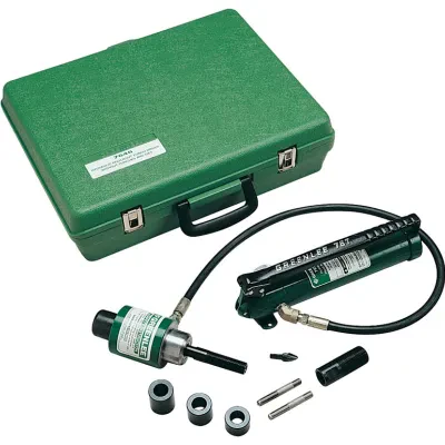 11 ton hydraulic knockout driver with hand pump. Compact lightweight design for portability and fast, easy one-person operation.  Easy threading - draw studs with "dog point" tip h...