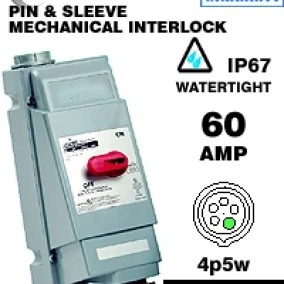 60 Amp, 347/600 Volt 3-Phase, 4P, 5W, LEV Series North American-Rated IEC 60309-1 &, 60309-2 Pin &, Sleeve Mechanical Interlock, Industrial Grade, IP66/IP67/IP68/IP69/IP69K, Watert...