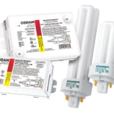 Universal voltage programmed rapid start normal ballast factor electronic ballast in metal enclosure dual mount with PEM studs without leads for two 26W, 32W, or 42W CFL lamps.