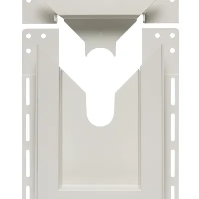 2 piece, non metallic, hose bib for all siding types. Built in J-channel. Paintable.